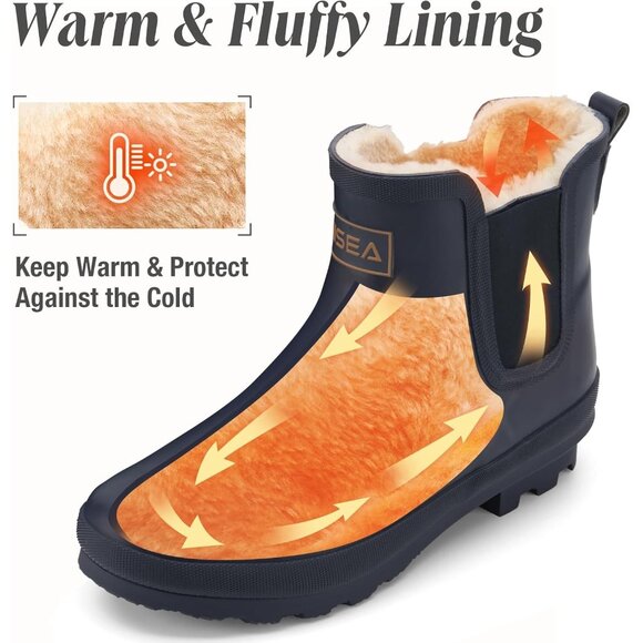 ⚡Women's Navy Blue Pull On Plush Rain Ankle Snow Boot Waterproof Chelsea Rubber - Picture 5 of 6